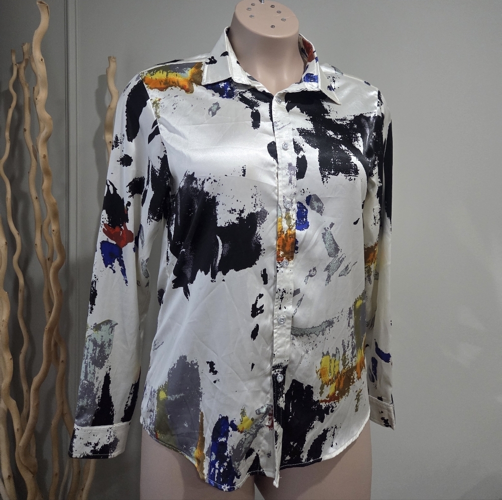 ZeroyaaAbstract Print Long-Sleeve Shirt in Multicolor Accents Sz.M(26 in.sleeve